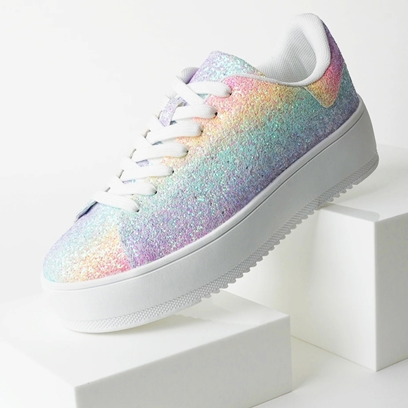 J. Adams Shoes - J. Adams Glitter Platform Sneakers Women Size 10 Rainbow Sparkle Lace-Up